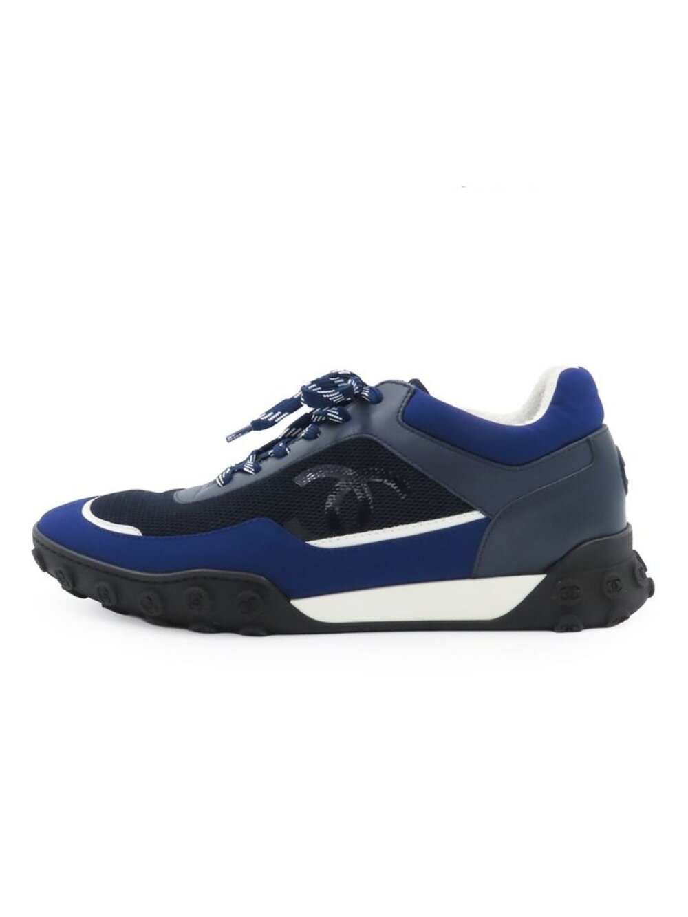 Chanel Low-Top Sneakers Navy Blue Leather Mesh CC Logo